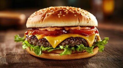 Juicy Cheeseburger on Wooden Table