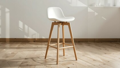 White Bar Stool with Wooden Legs on Wooden Floor in Room