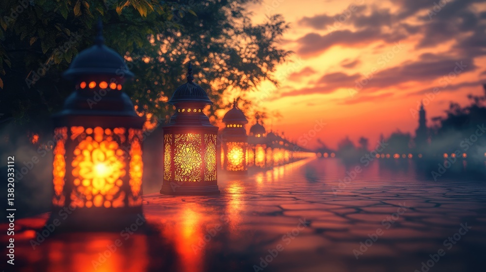Poster A row of glowing lanterns lining the street during Ramadan, with soft clouds drifting by in the twilight sky, creating a peaceful and festive atmosphere.