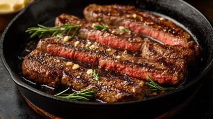 Delicious medium rare steak cooked in cast iron pan with garlic and rosemary