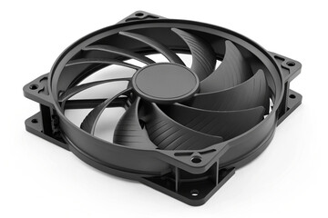 Fototapeta premium Black plastic computer fan with blades isolated on white background