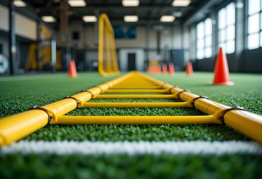 yellow agility ladder on artificial turf with orange cones indoor sports training