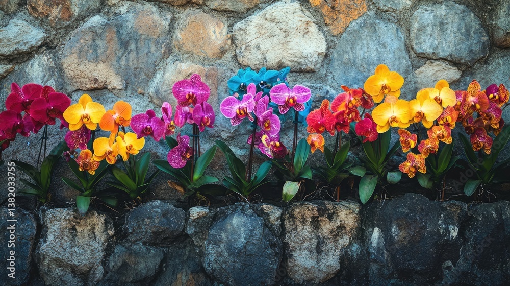 Poster a stunning close-up of vibrant orchids in full bloom, arranged on a rustic stone wall. the flowers d