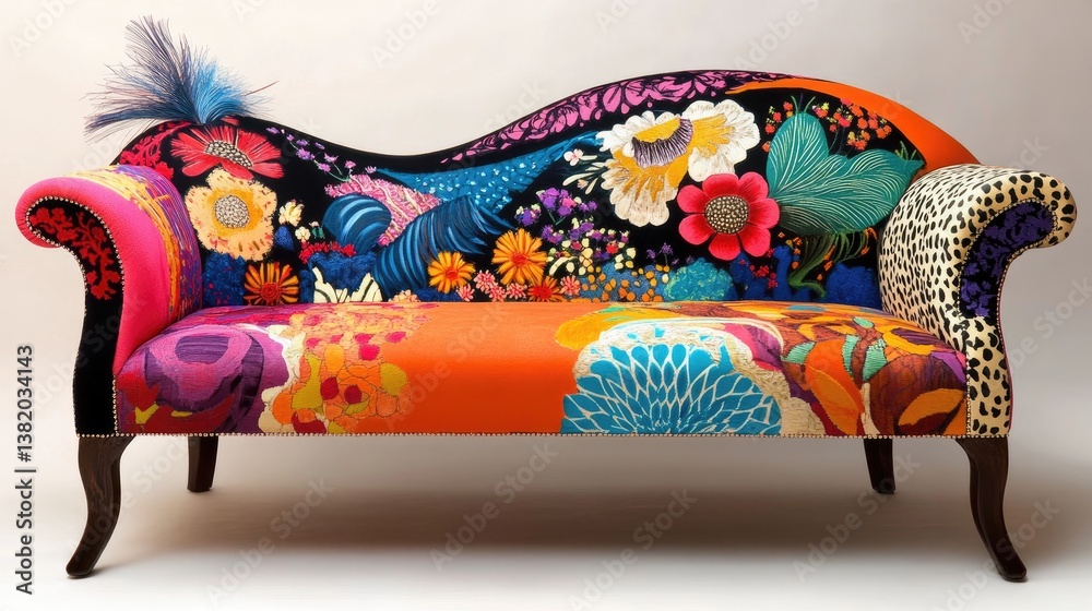 Poster a vibrant, artistic sofa with bold colors and detailed floral patterns, the backrest shaped like a c