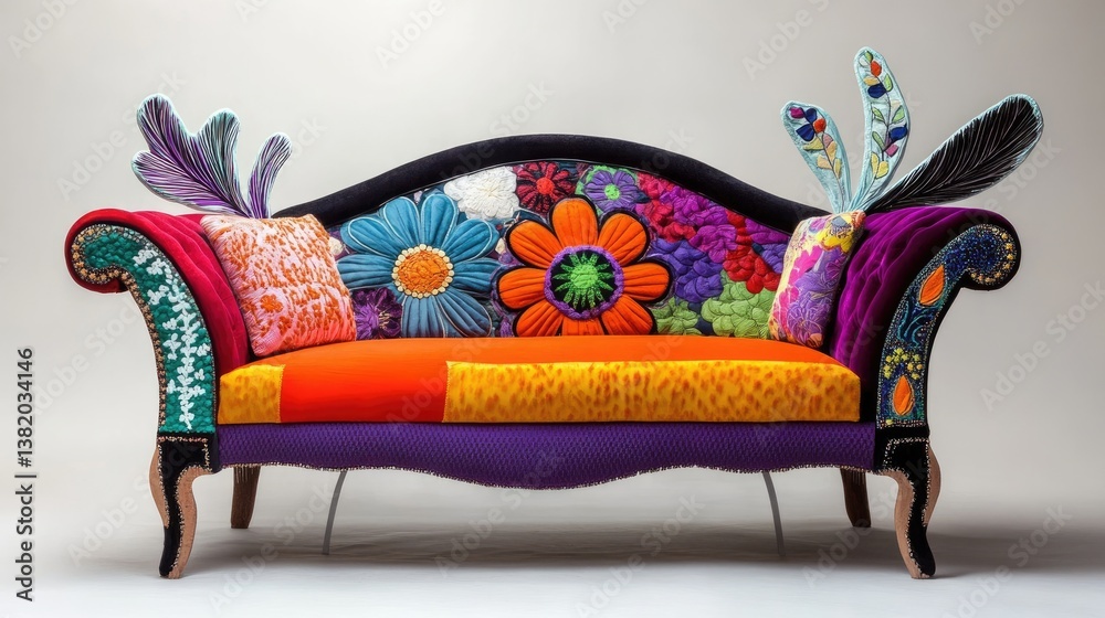 Poster a vibrant, artistic sofa with bold colors and detailed floral patterns, the backrest shaped like a c