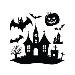  Spooky Halloween Castle with Bats and Full Moon.