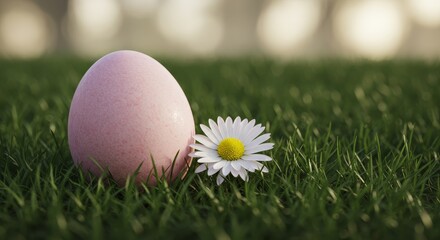 Naklejka premium Celebrate Happy Easter with colorful Easter eggs in a lush green meadow under bright sunlight and a warm spring sky. Experience the joy of Easter on a beautiful spring day filled with renewal