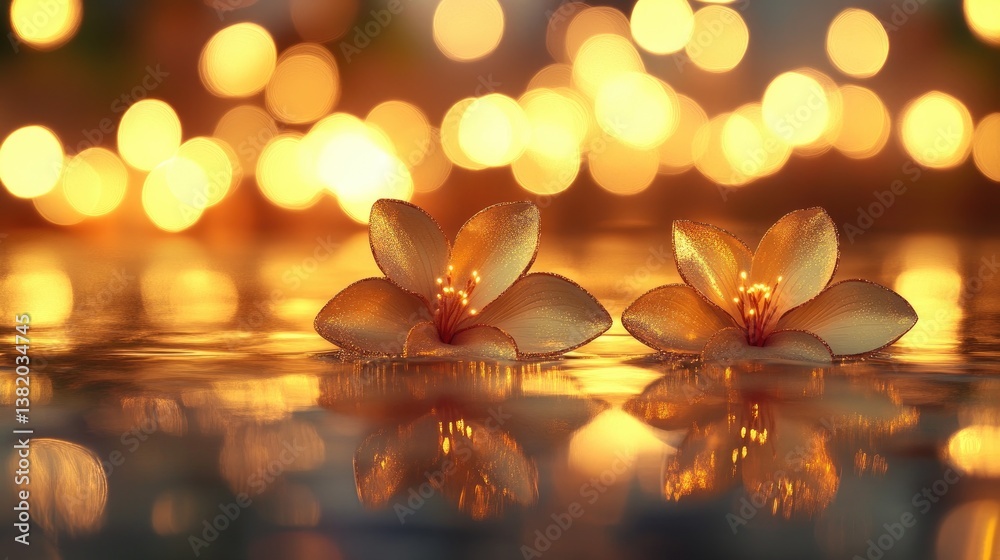 Poster glimmering gold flowers float serenely on water, reflecting a soft bokeh of festive lights in the ba