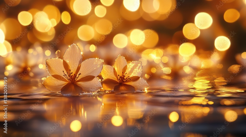 Aufkleber glimmering gold flowers float serenely on water, reflecting a soft bokeh of festive lights in the ba