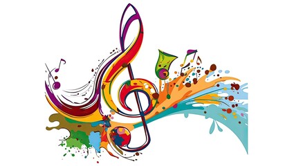 Abstract Musical Design Featuring A Treble Clef Amidst Colorful Splashes And Waves, Capturing The Essence Of Music And Artistry. Hand-Drawn Vector Illustration.