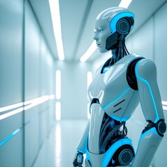 Sleek Humanoid Robot AI White & Neon Blue Futuristic Design  Generative AI