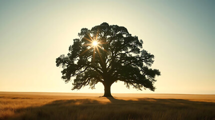 Fototapeta premium Majestic tree silhouette, golden field, sunrise