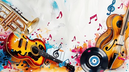 Colorful Musical Instruments Including Guitar, Trumpet, Piano Keys, Musical Notes, and Record Disc on White Background with Copy Space for Your Text or Design.