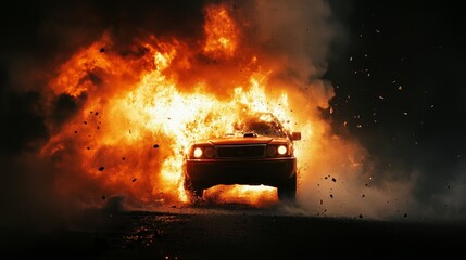 Dramatic car explosion in dark night with flames and smoke