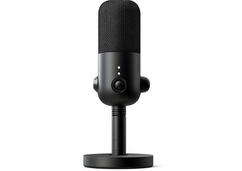 Sleek podcasting microphone on a stand, isolated against a clean white background for professional use