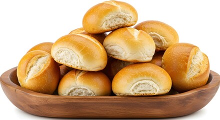 A wooden bowl overflows with golden-brown bread rolls, their scored tops promising a delightful, soft interior and a comforting aroma.