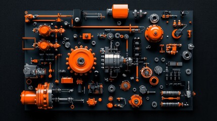 Obraz premium Industrial machinery components in vibrant orange and black arrangement