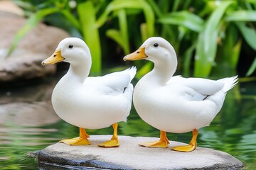 Obraz premium A pair of ducks waddling near a small pond on a farm, their feathers shimmering in the sunlight