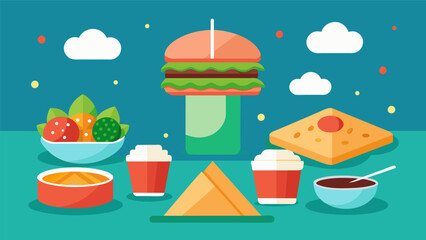 Fototapeta premium A balance of light and filling treats with options like cucumber and cream cheese tea sandwiches crab rangoons and sesame balls with red bean paste.. Vector illustration