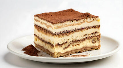 Delicious Tiramisu Cake on White Plate............