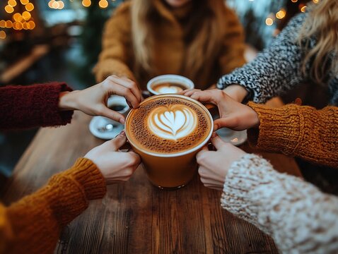 Friends gather around oversized latte art on wooden table at cafe