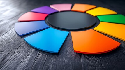 Colorful circular palette with vibrant segments on a dark wooden surface