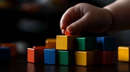 Fototapeta premium Baby Hand Building Colorful Wooden Blocks.