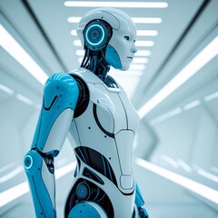 Advanced Humanoid Companion: Slim Robotic Form with Glowing Blue Tech  Generative AI