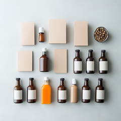 Product showcase of bottles and packaging minimalist studio setup beverage industry clean aesthetic top-down view