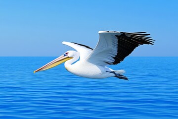 A pelican gliding just above the ocean surface, its wingtips barely touching the water