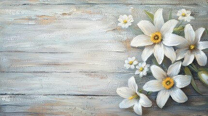 Fototapeta premium A delicate oil painting of daisies and lilies on a wooden background