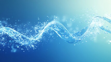 Dynamic water splash with twisting wave and bubbles on a blue background