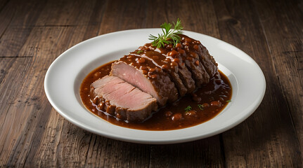 Sliced Roast Beef in Rich Brown Sauce on White Plate