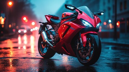 Red Sportbike Under City Lights