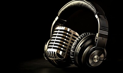 Studio microphone and headphones on a black background, perfect for a sleek podcast banner