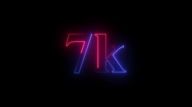 A dynamic motion, and glowing neon number 7k animation . on a black background. 7k Followers Celebration text animation.