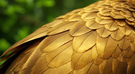 Obraz premium Golden bird feathers close-up soft light texture. AI Generated