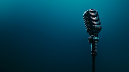 Studio microphone against a dark blue background with ample space for branding or text