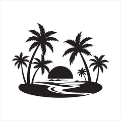Fototapeta premium Silhouette of palm trees on an island with the sun setting over the ocean.