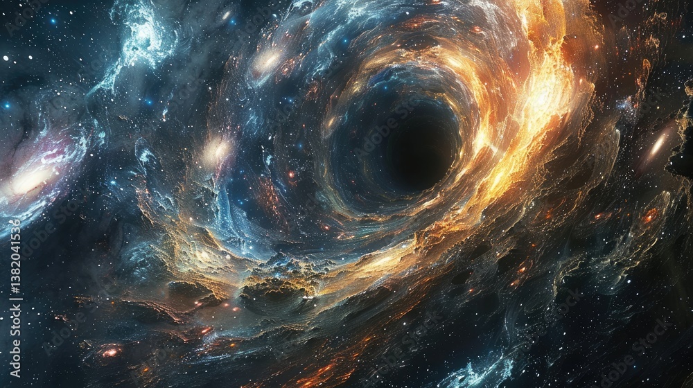 Wall mural a black hole pulling in space, with swirling galaxies and stars around it. the event horizon is visi