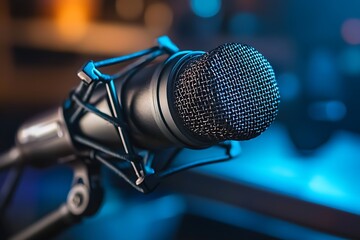 Studio microphone illuminated in soft spotlight on a dark background, perfect for dramatic podcast visuals
