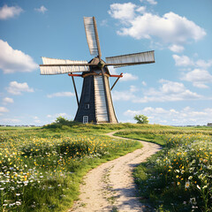 Serenity of the Countryside: A Majestic Windmill Amidst Flowery Fields Under a Clear Azure Sky