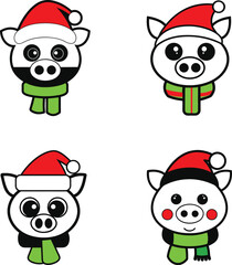 Vector outline of a cute Pig  wearing a Santa Claus hat