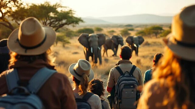 Group of tourists observing elephant herd in african savanna at sunset