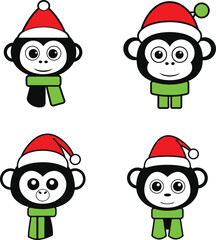 Vector outline of a cute Chimpanzee  wearing a Santa Claus hat