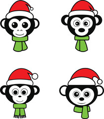 Vector outline of a cute Monkey wearing a Santa Claus hat