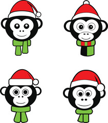 Vector outline of a cute Chimpanzee  wearing a Santa Claus hat