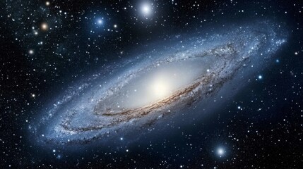 Naklejka premium A realistic view of the Andromeda Galaxy from deep space, with billions of stars glowing softly