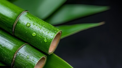 Obraz premium Fresh bamboo stalks with water droplets on a dark background