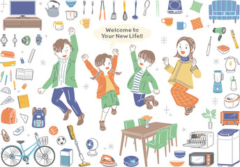 引っ越し＆新生活！家具・家電とジャンプする家族のイラストセット